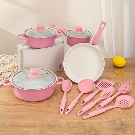 SET DE OLLAS Y JUEGO DE UTENCILIOS DE COCINA 13PZ ROSADA (12 UND X CAJA)