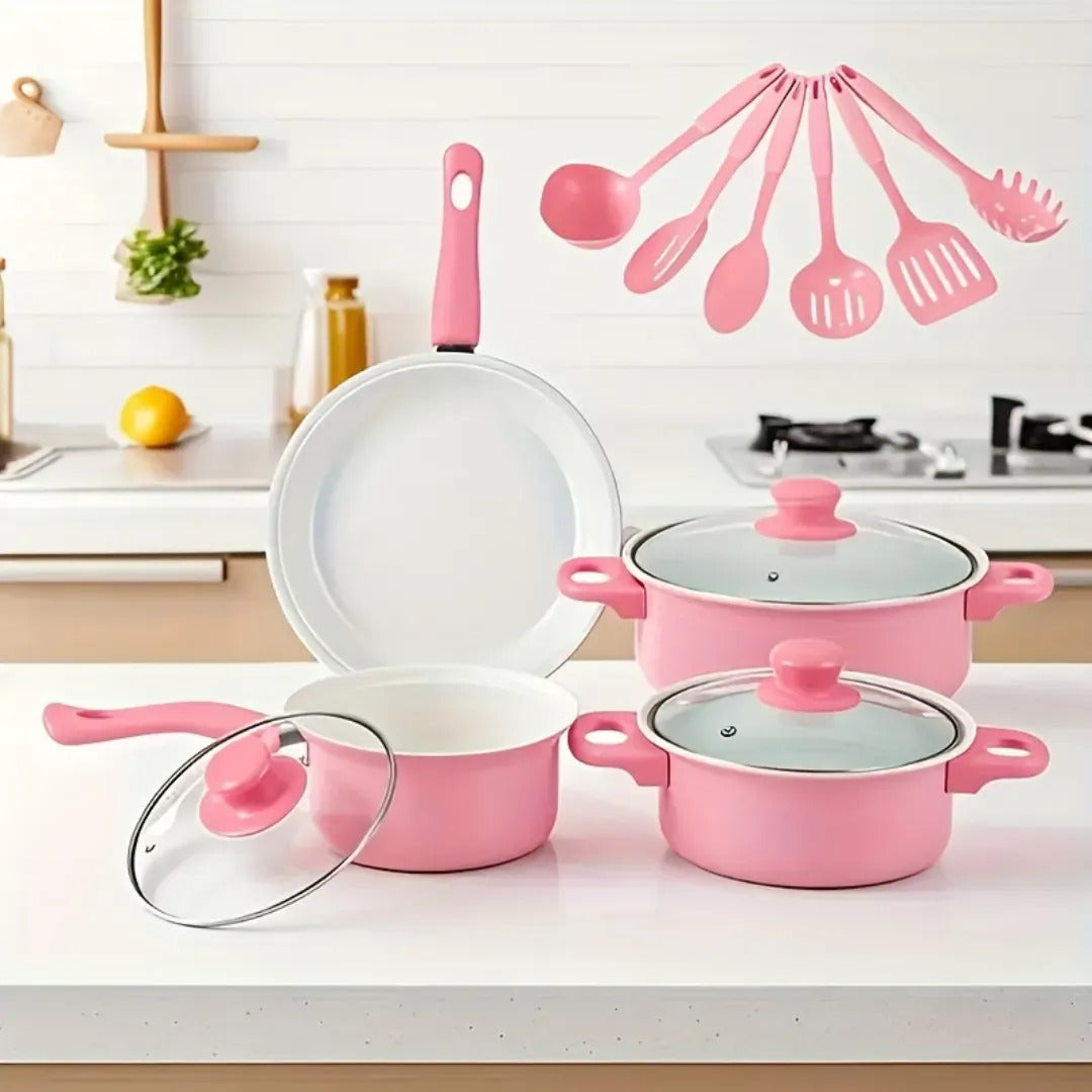 SET DE OLLAS Y JUEGO DE UTENCILIOS DE COCINA 13PZ ROSADA (12 UND X CAJA)