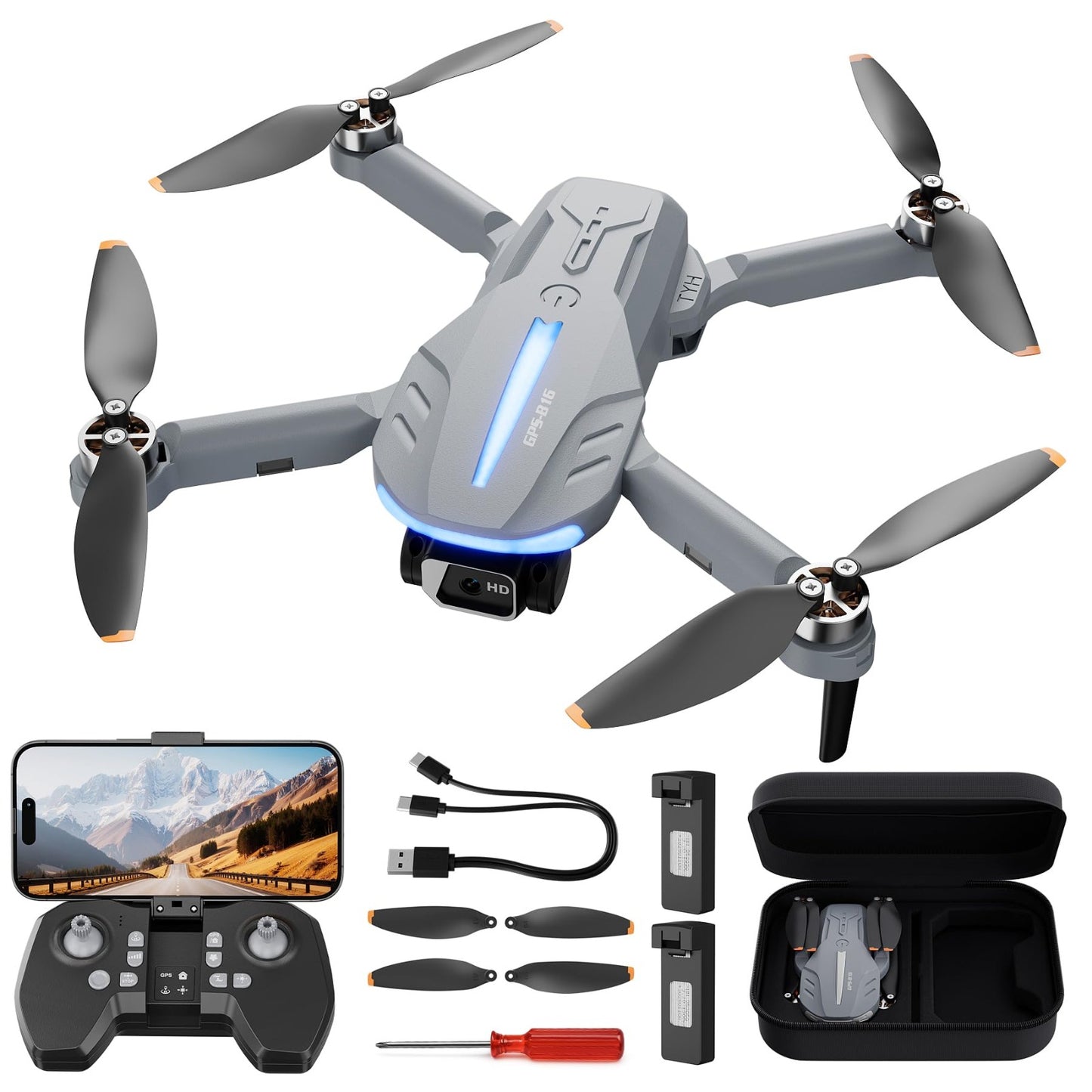 Dron con cámara 4K para adultos - B16 GPS de menos de 8.82 oz, motor sin escobillas, cuadricóptero RC ligero y plegable